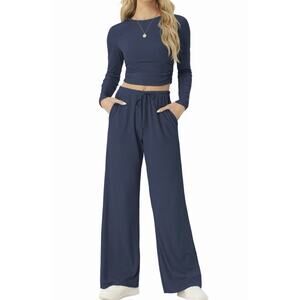 Women's 2 Pc Lounge Sets Casual Travel Outfits Wide Leg Pant / Crop Top Xl New